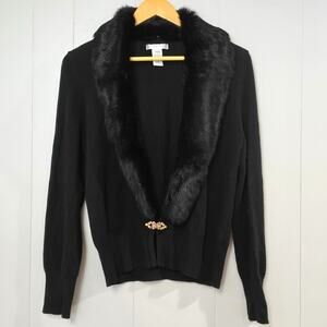 Design History Black Cardigan Angora Collar Cashmere Wool Rhinestone Clasp Large